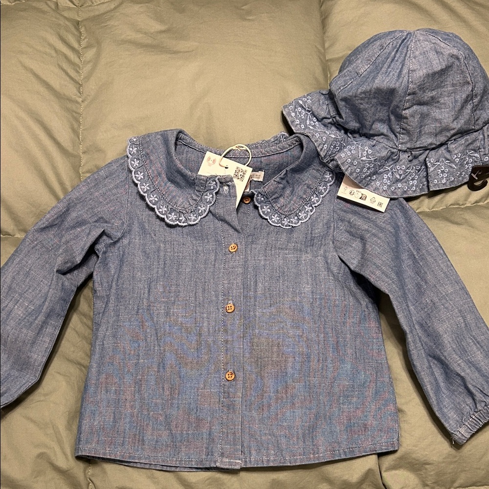 Zara Denim Baby Button-Up Shirt and Hat Set